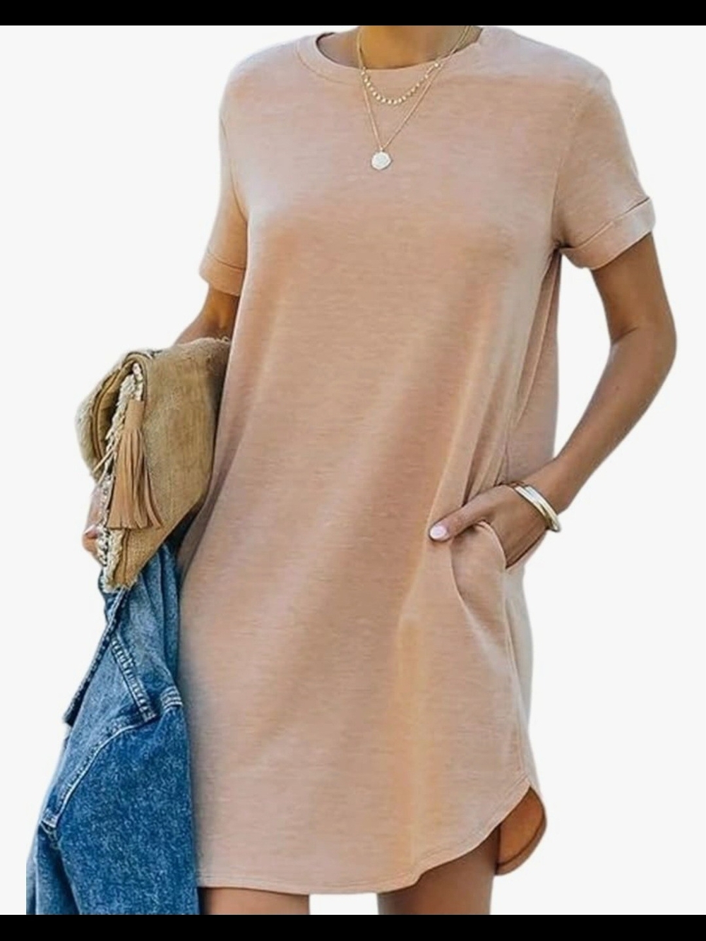 Women’s Short Sleeve Tee Dress - Tan/Nude